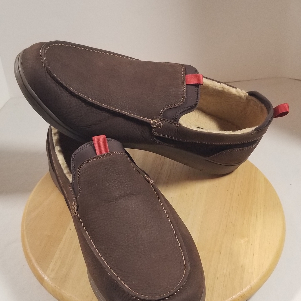 Size 16,  Dunham Dark Brown Leather Slip-On Loafers with Faux Shearling Lining